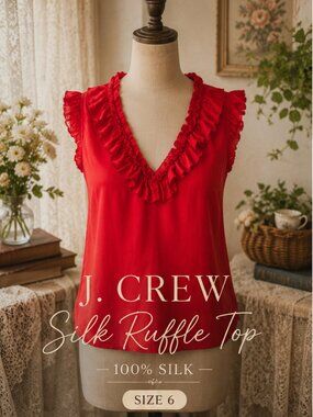 100% Silk J. Crew Ruffle Top Bright Red Sleeveless Blouse Size 6